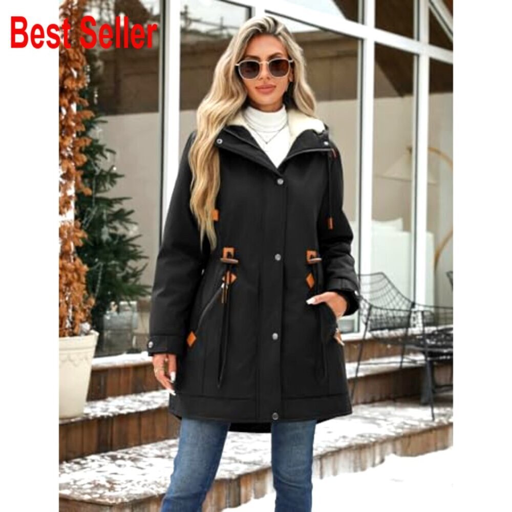 Faux Fur Lined Parka Jacket with Waterproof Hooded Mid-Length Coat - Picture 3 of 7